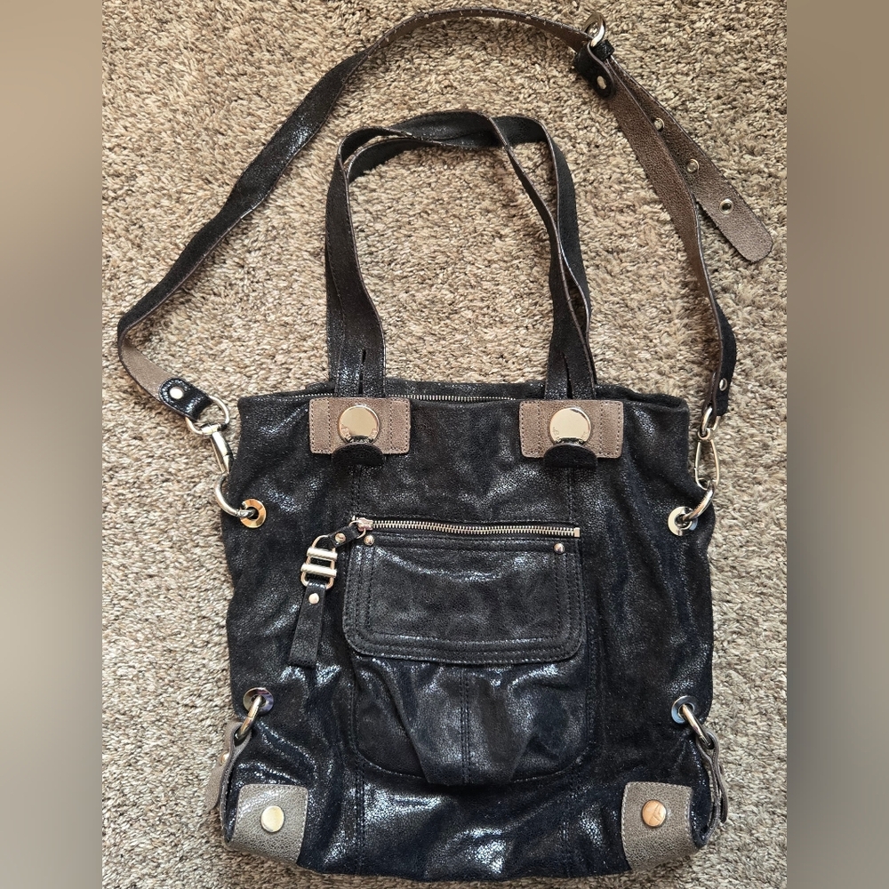 B. Makowsky Shimmering Black and Taupe Leather Shoulder/Crossbody Purse
